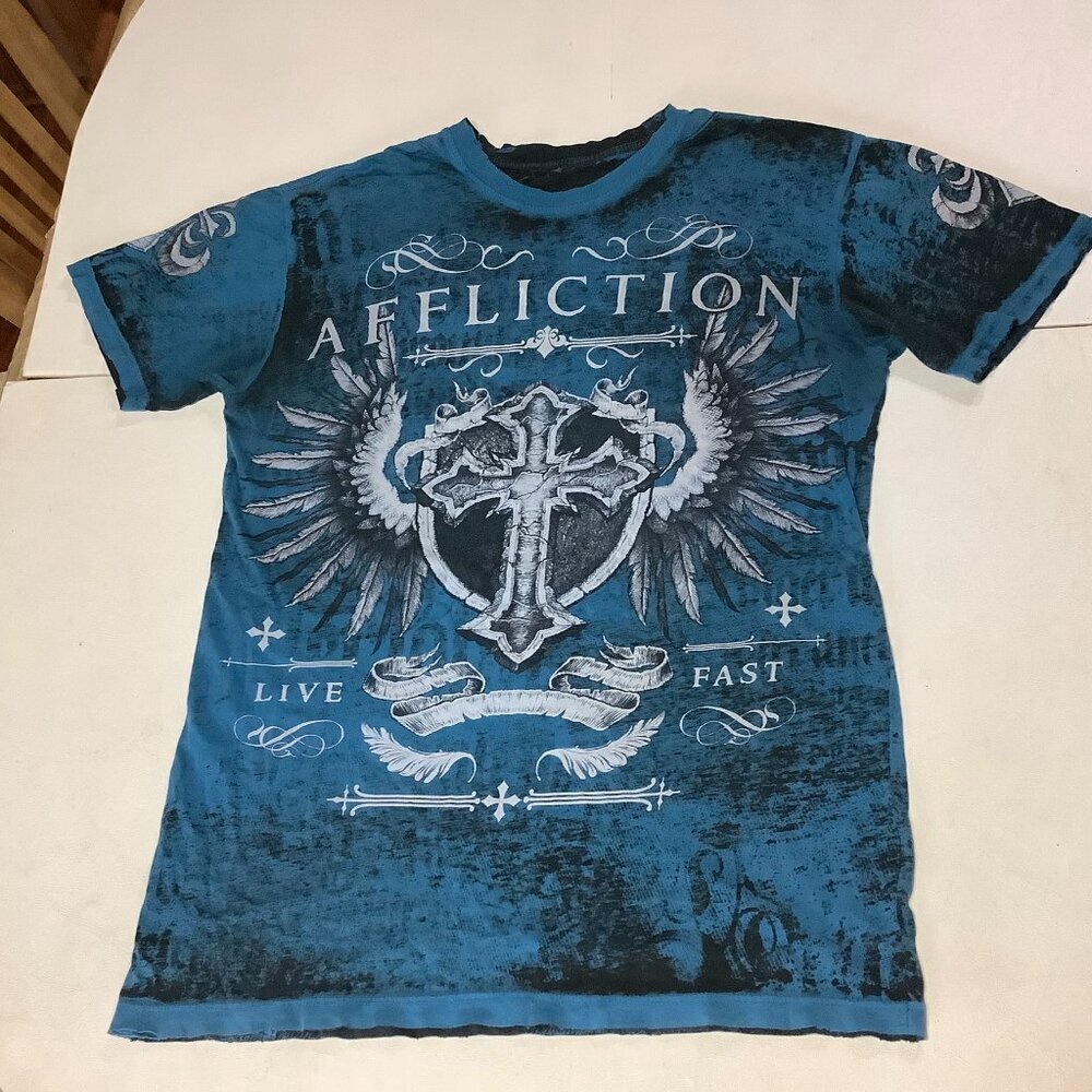 Affliction Cross Shield Distressed T Shirt Blue NO SIZE TAG SEE PICTURES